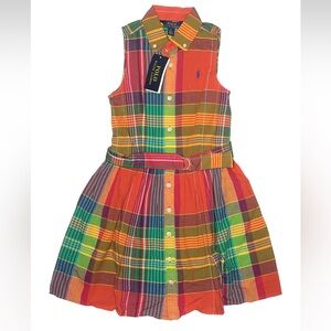 NEW Ralph Lauren Girls SZ 8 Madras Tiered Belted Plaid Shirt Dress